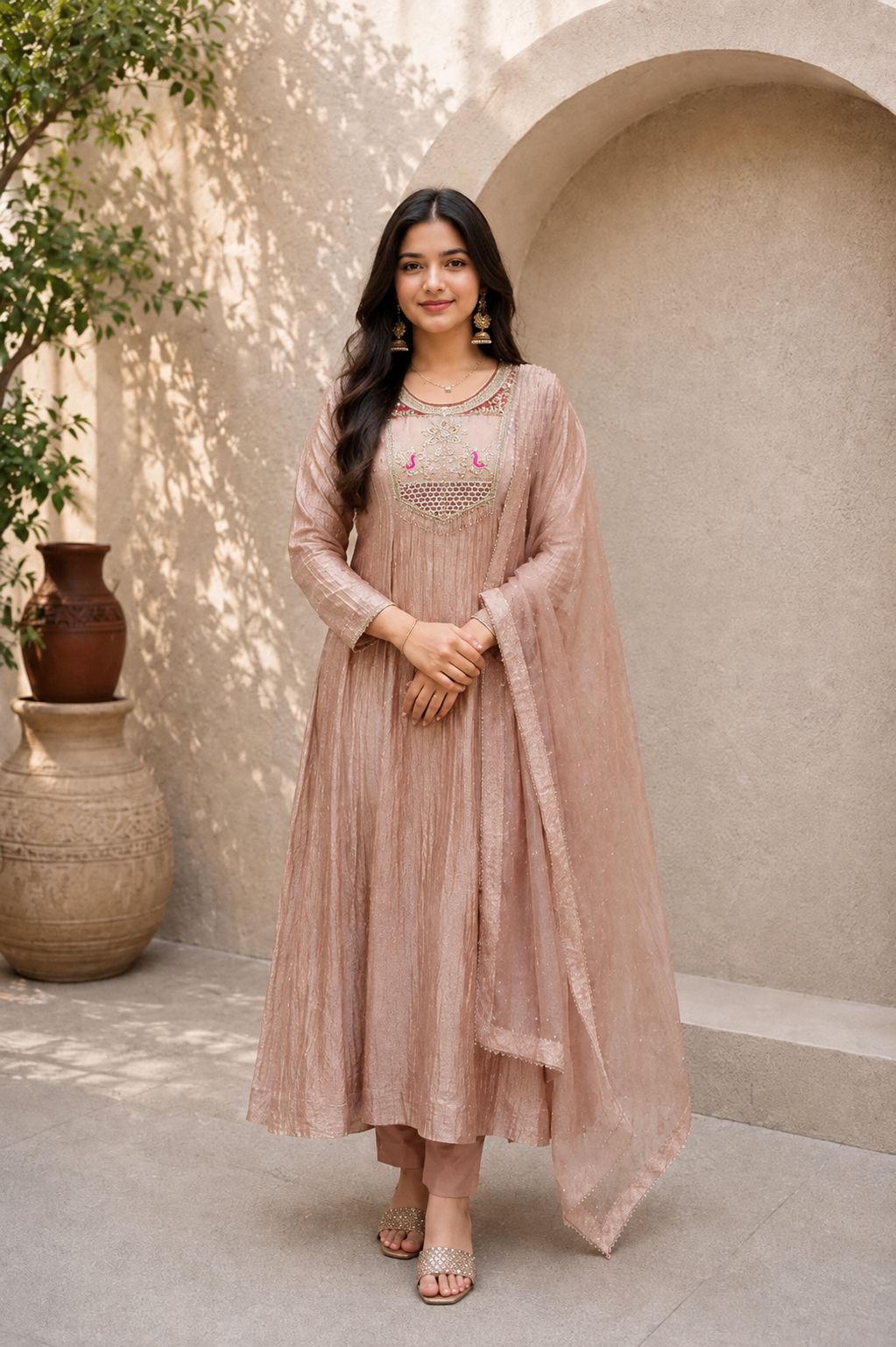 Premium Blush Pink Embroidered Salsa Anarkali Kurta Set with Dupatta