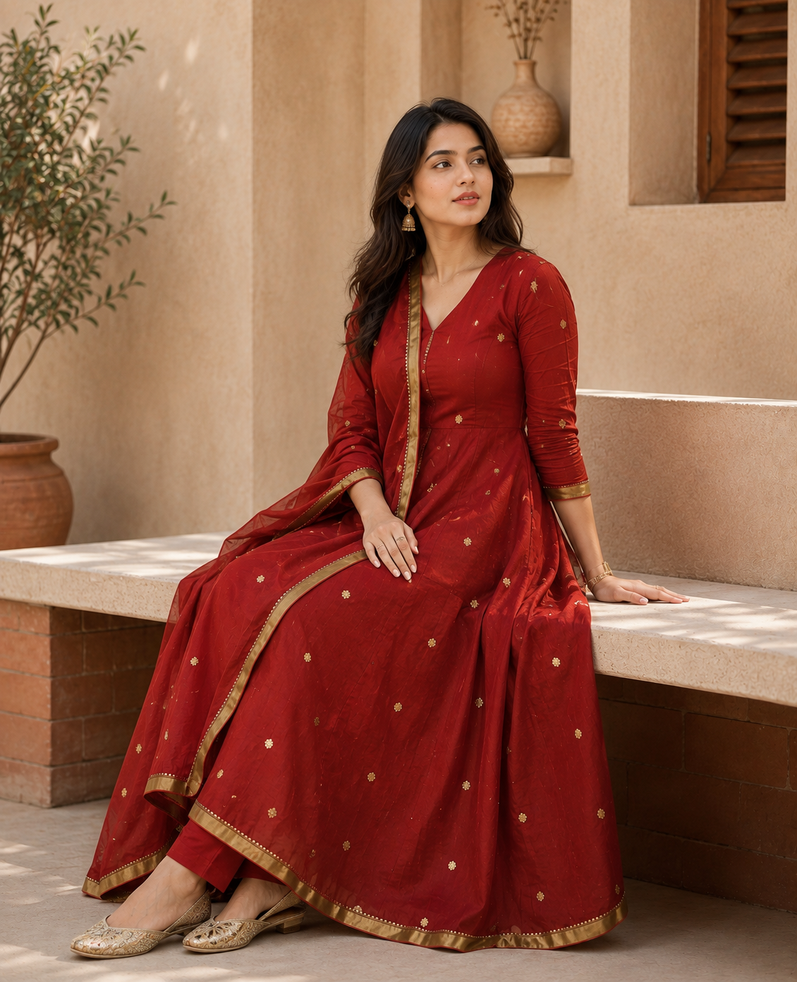 Premium Maroon Gold Embroidered Anarkali Suit Set with Dupatta for Women