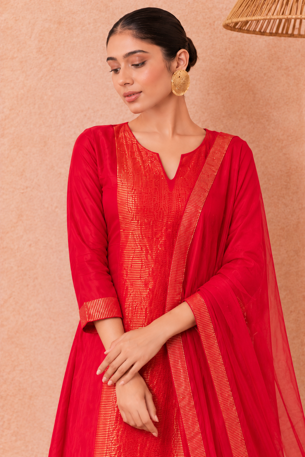 Red Gold Woven Kurta Set with Dupatta