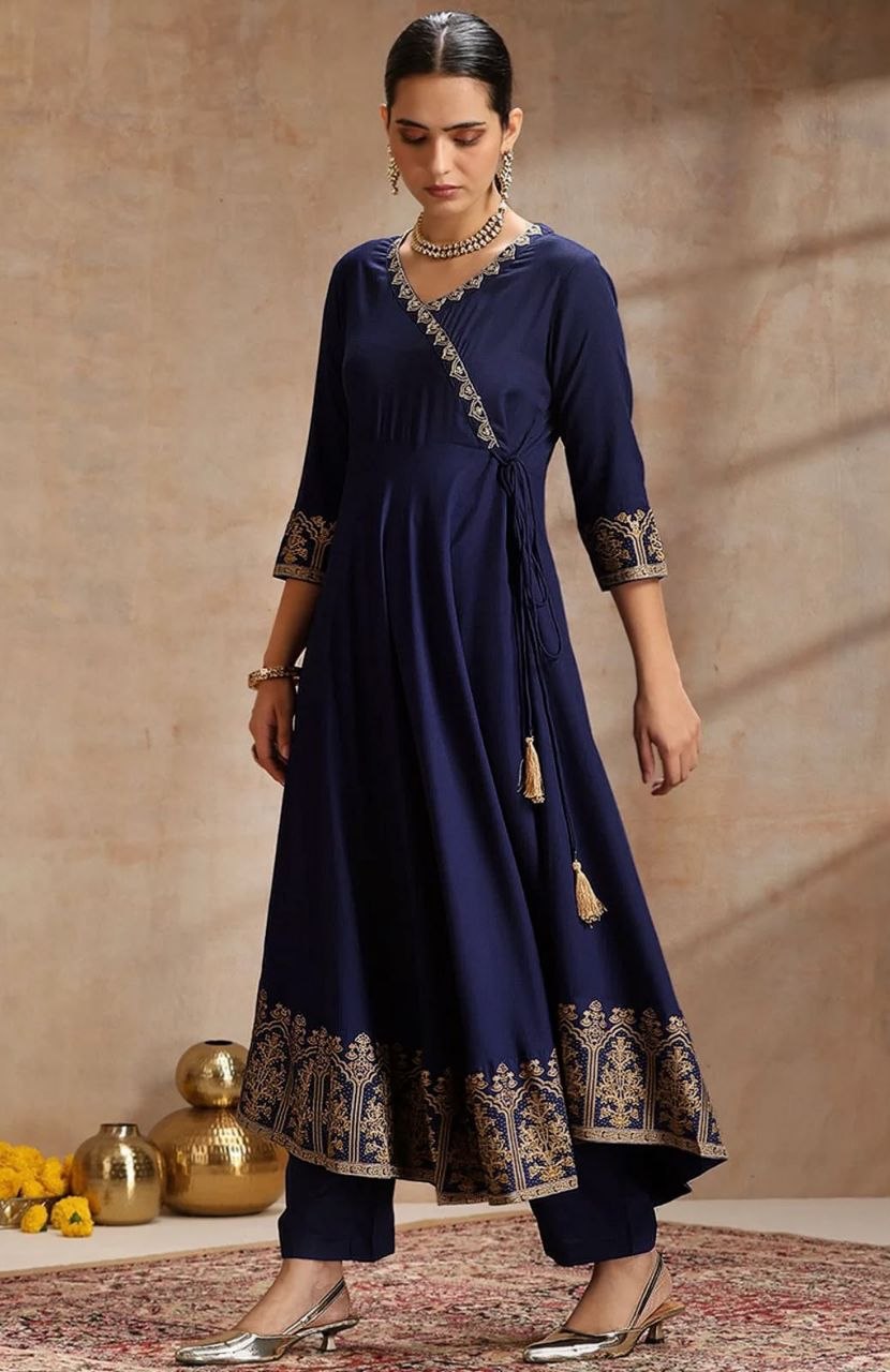Women’s Navy Blue Printed Anarkali Suit Set with Designer Dupatta