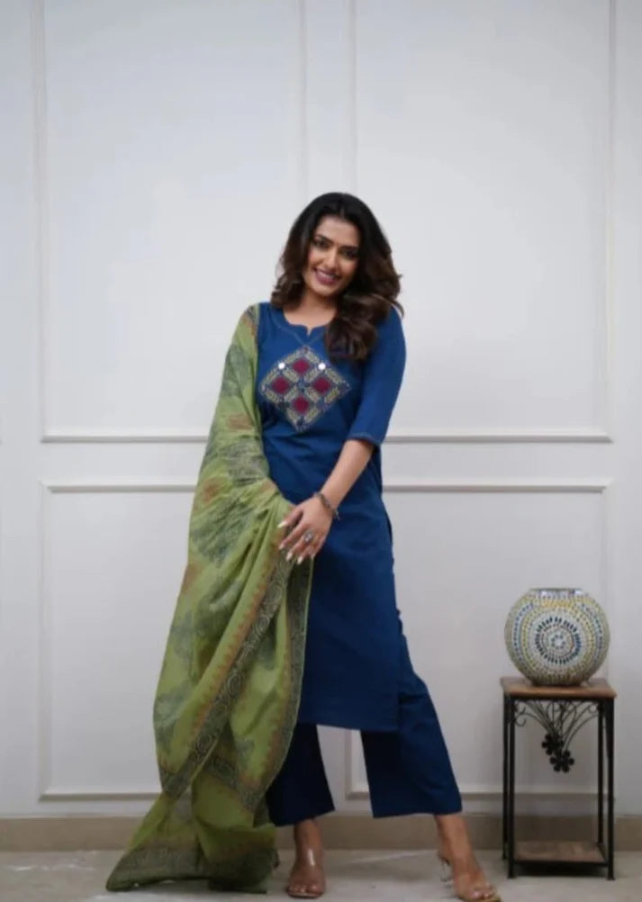 Embroidered Cotton Kurta Pant Set with Dupatta