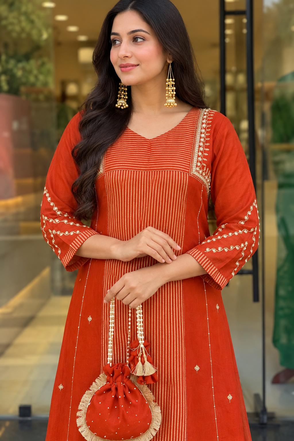 Women's Premium Deep Orange Embroidered Straight Kurta Set with Dupatta