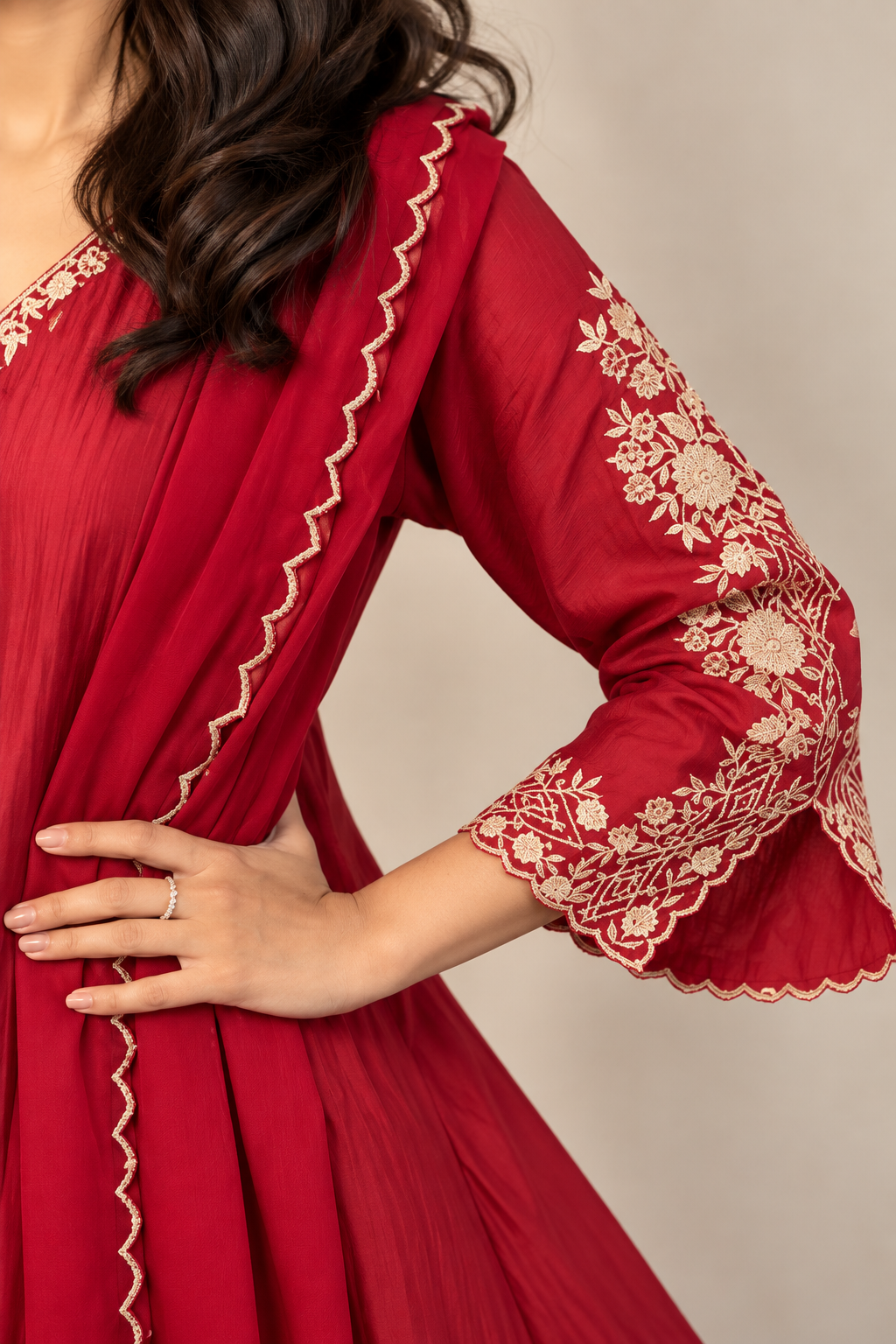 Red Embroidered Anarkali Suit Set with Dupatta for Women