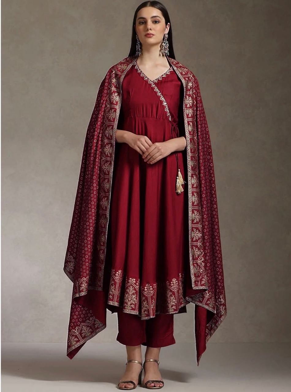 Women’s Wine Maroon Printed Anarkali Suit Set with Designer Dupatta