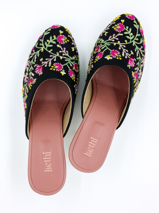 Women's Black Floral Embroidered Transparent Block Heel Mule Sandals