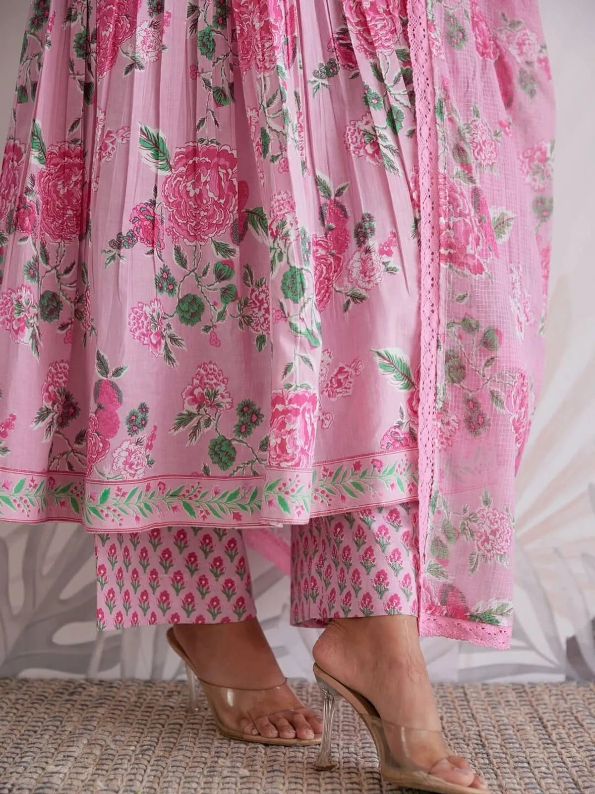Pink Jaipuri Floral Printed Anarkali Kurta Set with Matching Pant & Dupatta