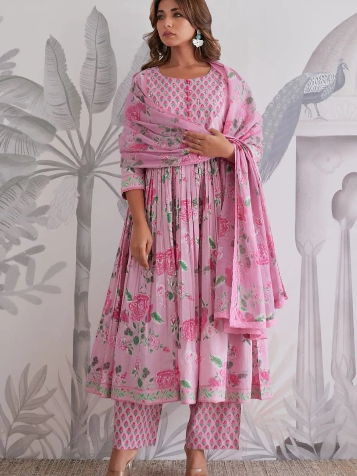 Pink Jaipuri Floral Printed Anarkali Kurta Set with Matching Pant & Dupatta