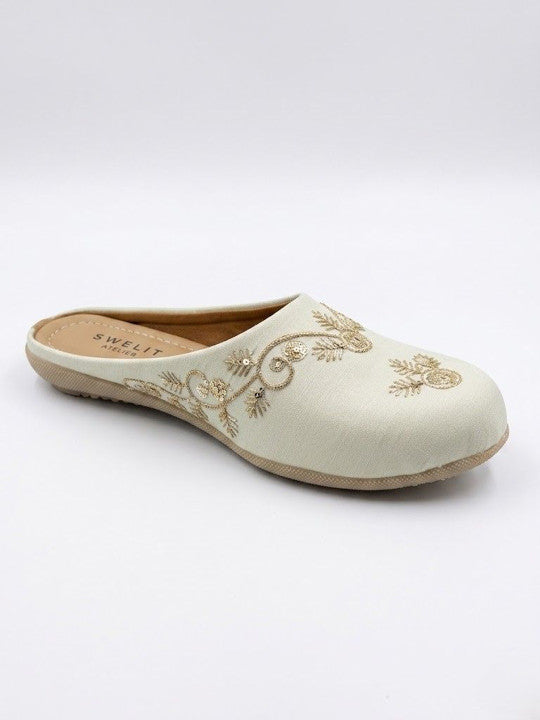 Traditional White Embroidered Flat Mules for Women