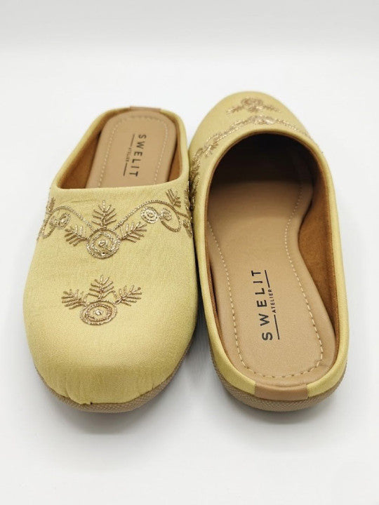 Traditional Yellow Embroidered Flat Mules for Women