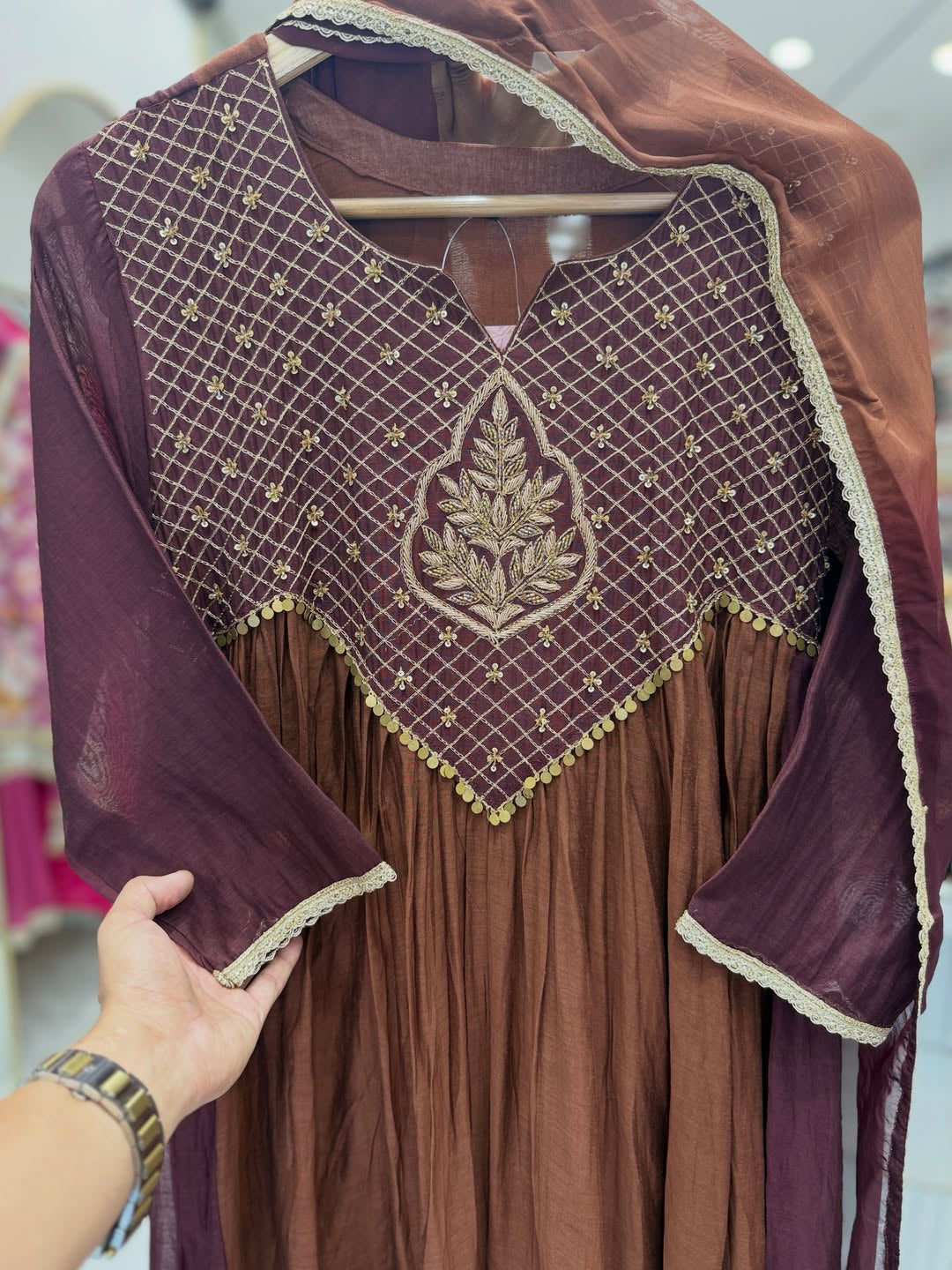 Women's Coffee Brown Embroidered Anarkali Kurta Set with Chiffon Dupatta