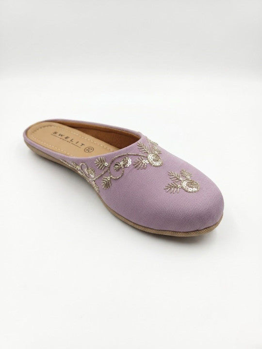 Traditional Purple Embroidered Flat Mules for Women