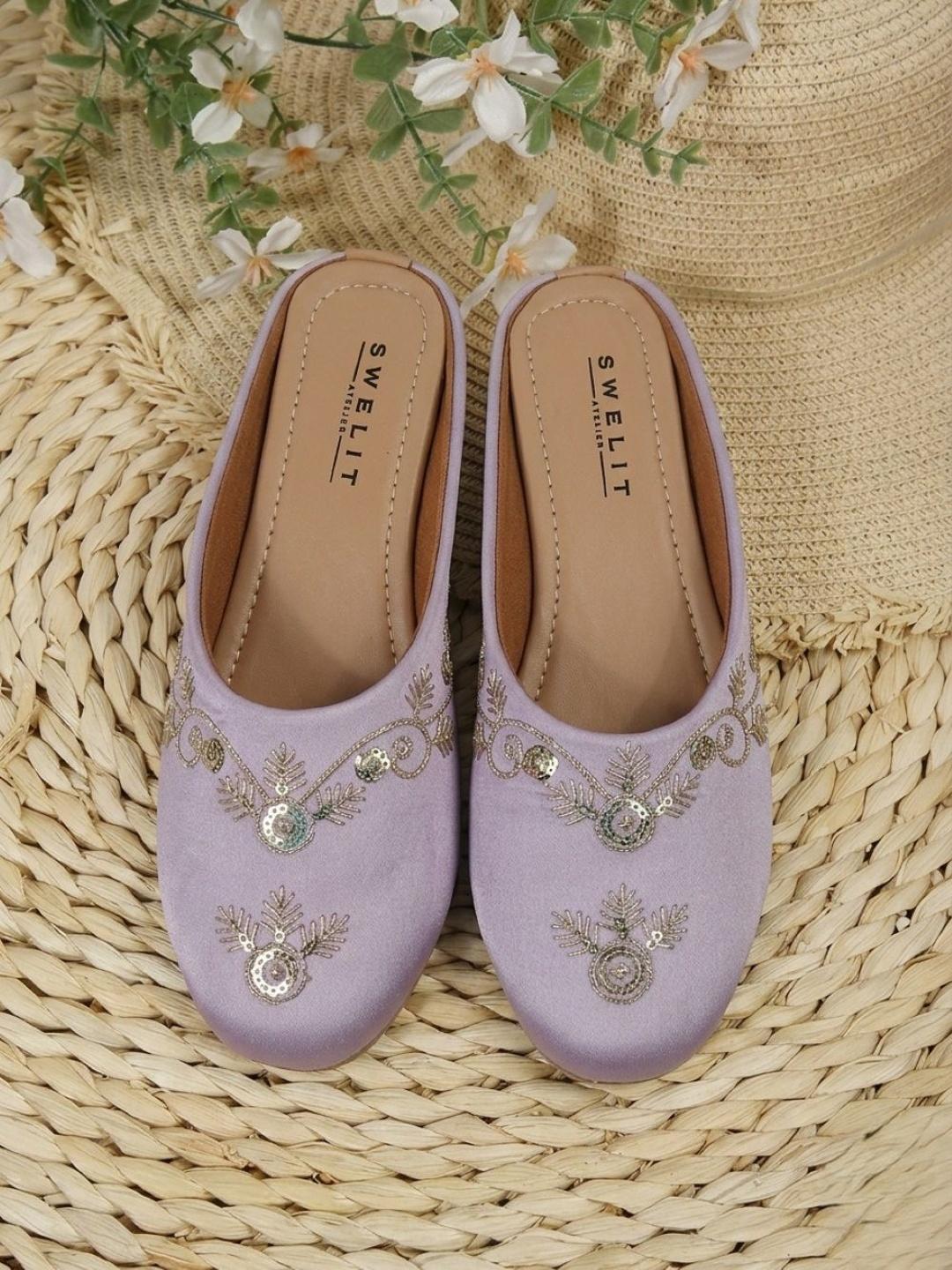 Traditional Purple Embroidered Flat Mules for Women