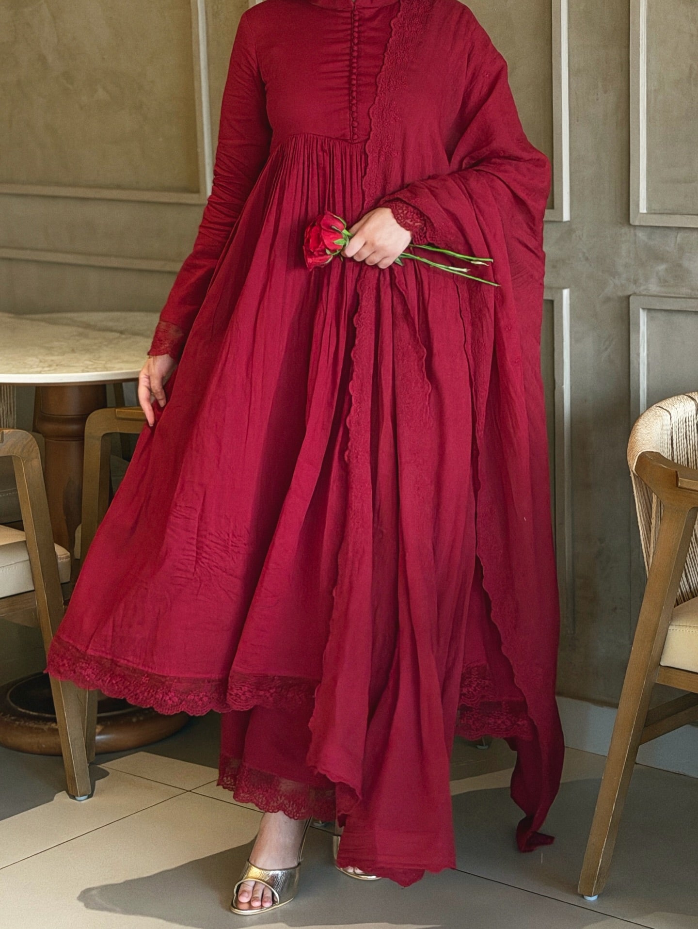 Elegant Wine Red Anarkali Suit Set with Dupatta