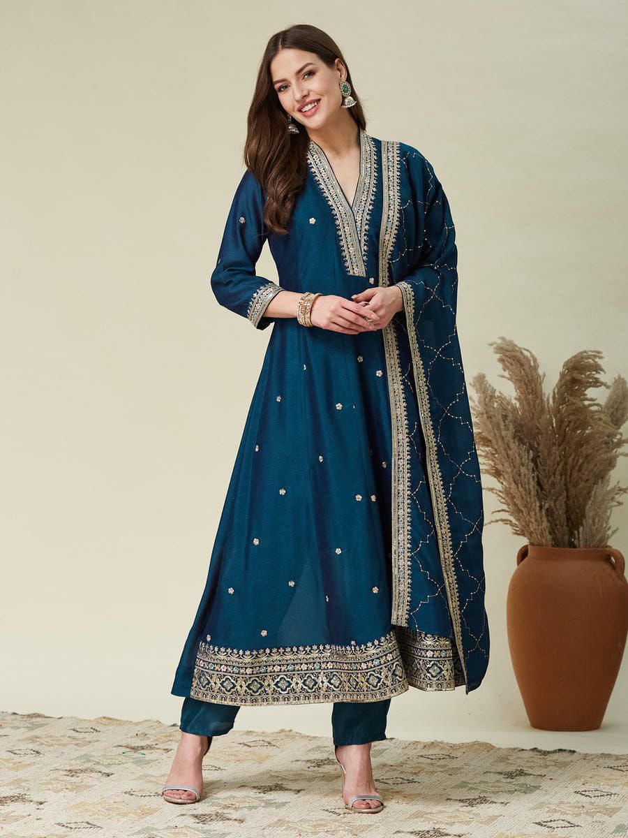 Women's Teal Blue Embroidered Anarkali Kurta Set with Dupatta
