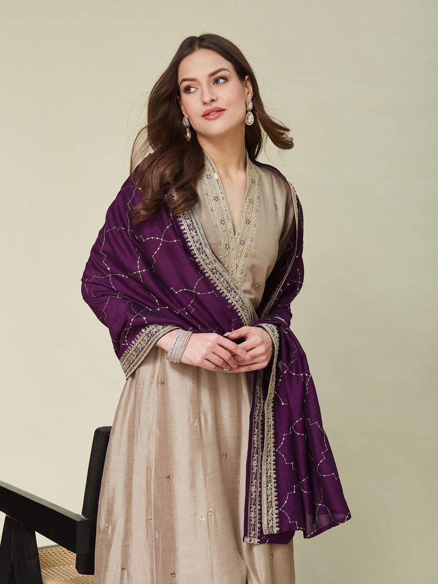 Women's Beige Embroidered Anarkali Kurta Set with Purple Dupatta