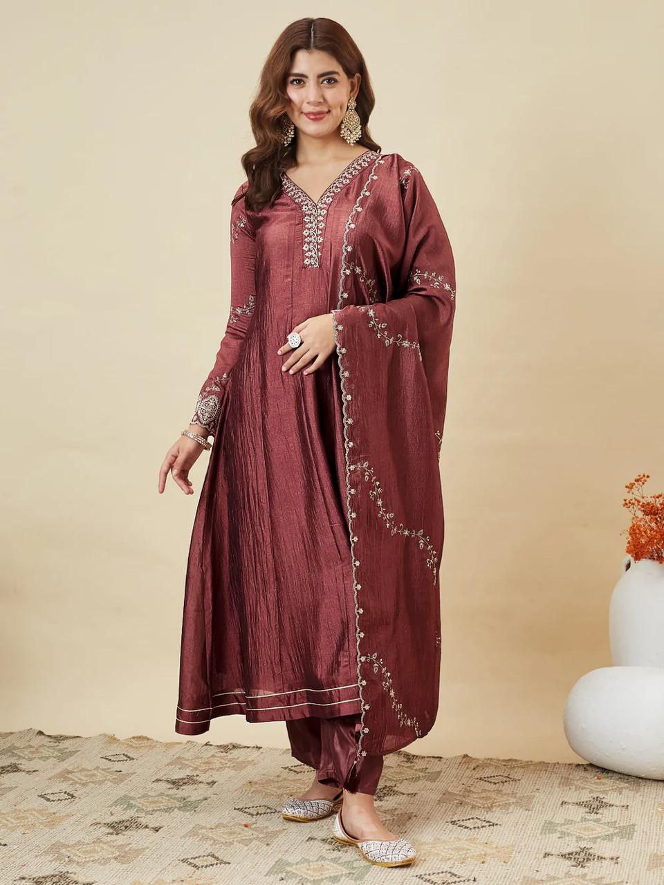 Women's Wine Embroidered Anarkali Kurta Set with Dupatta