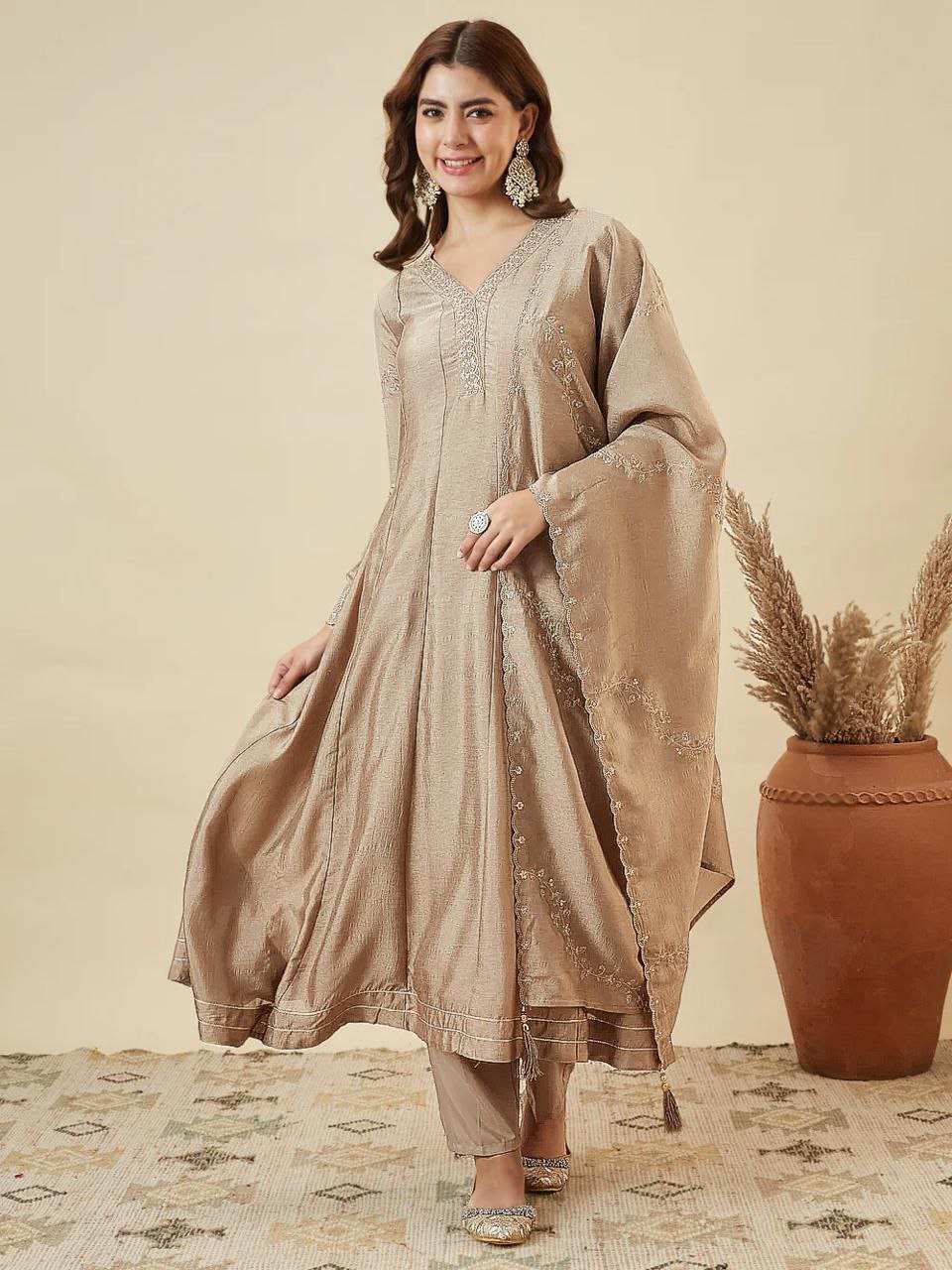 Women's Taupe Embroidered Anarkali Kurta Set with Dupatta