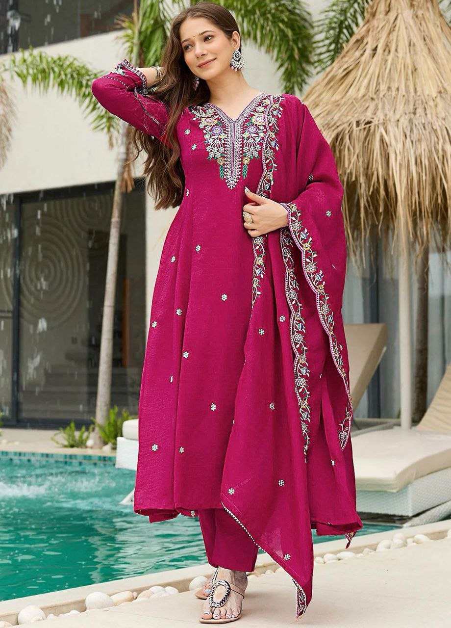 Women's Magenta Embroidered Anarkali Kurta Set with Dupatta