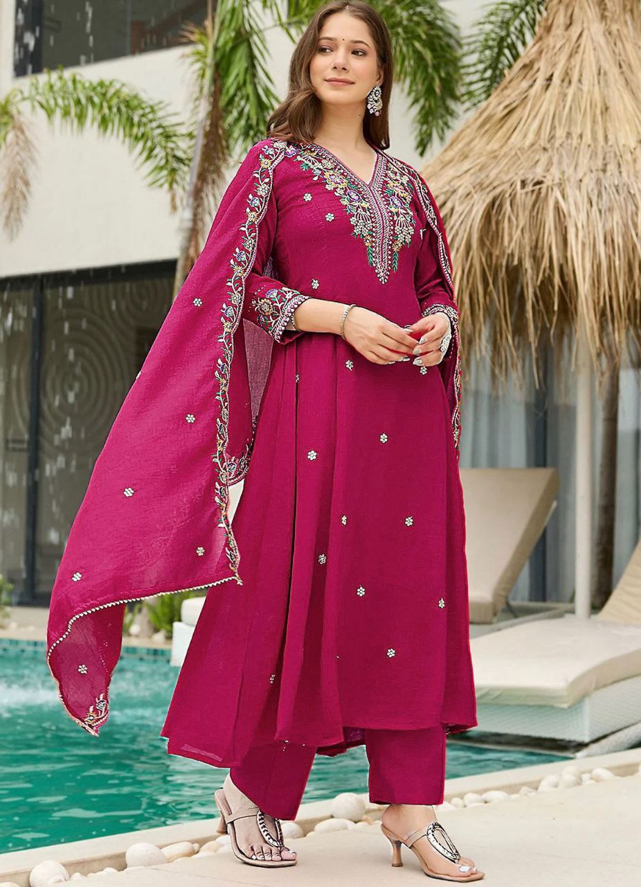 Women's Magenta Embroidered Anarkali Kurta Set with Dupatta