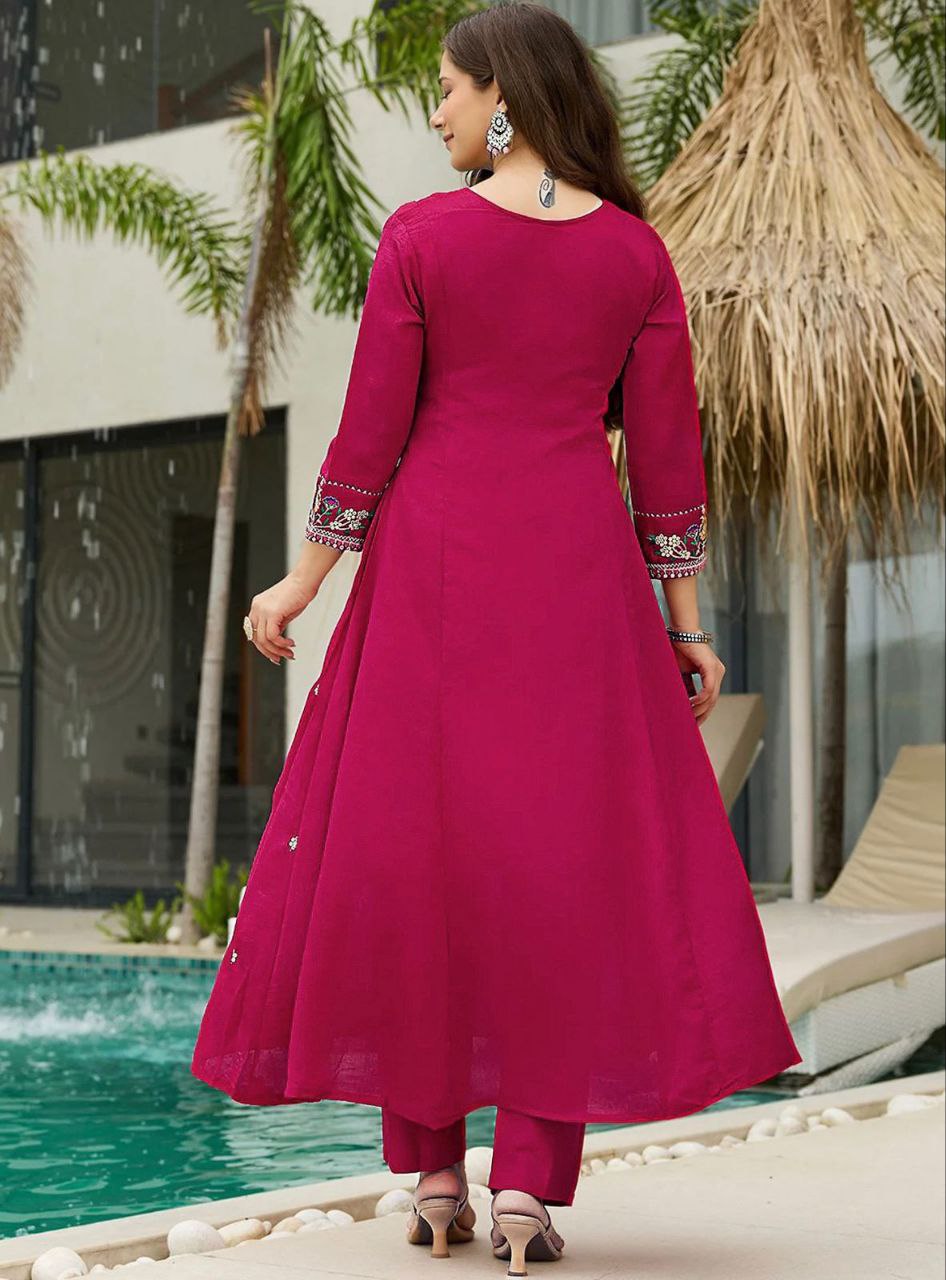 Women's Magenta Embroidered Anarkali Kurta Set with Dupatta