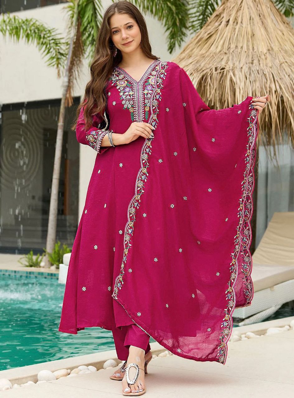 Women's Magenta Embroidered Anarkali Kurta Set with Dupatta