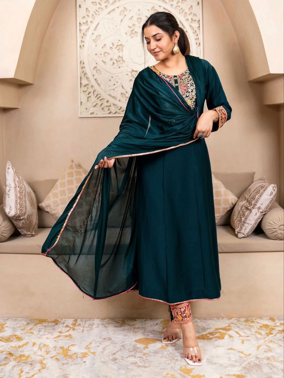 Women's Teal Embroidered Anarkali Kurta Set with Dupatta
