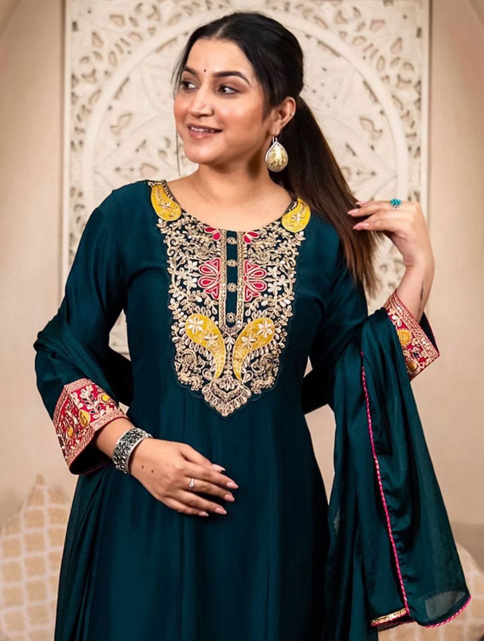 Women's Teal Embroidered Anarkali Kurta Set with Dupatta
