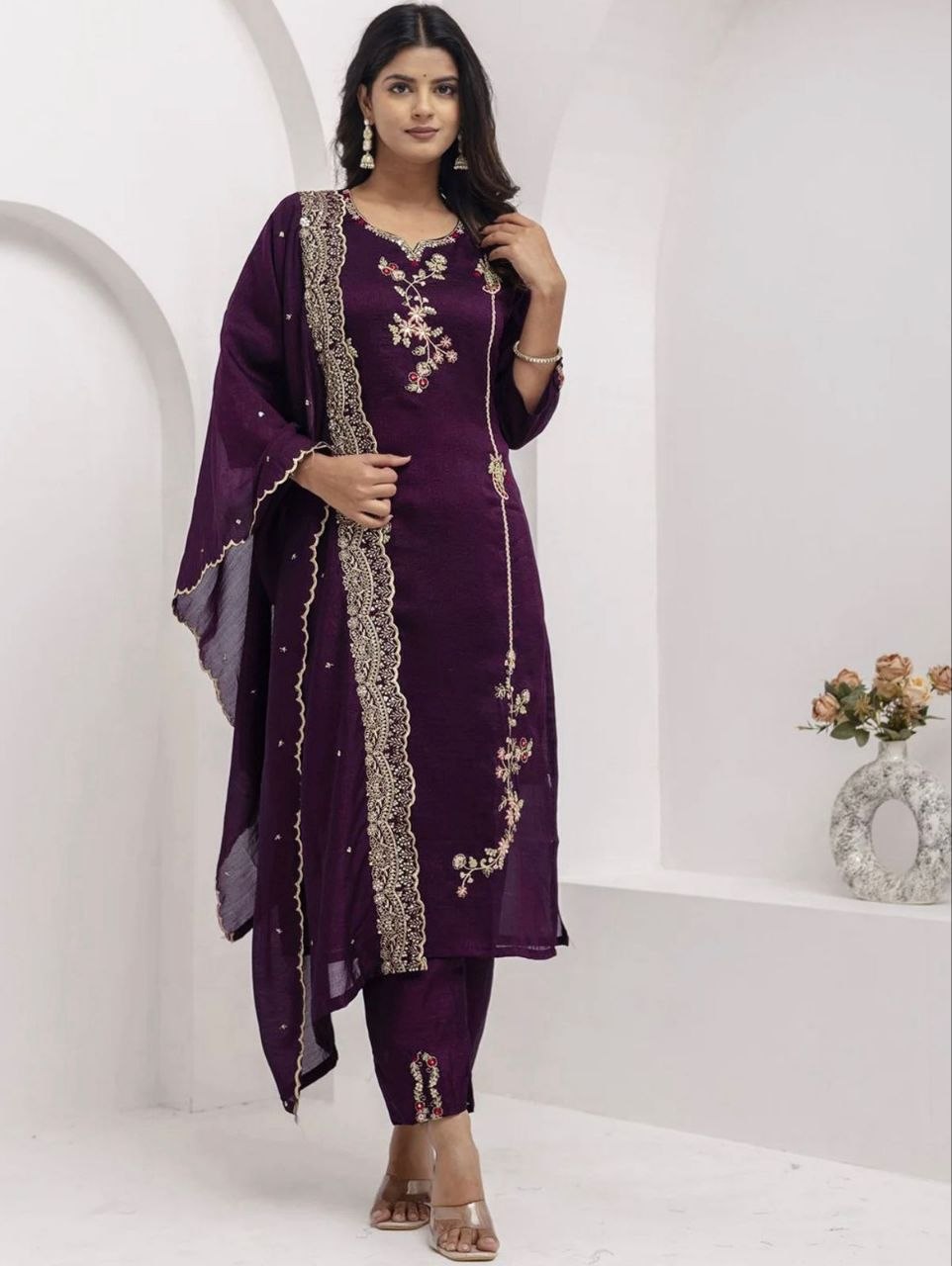 Women's Deep Purple Embroidered Straight Kurta Set with Dupatta