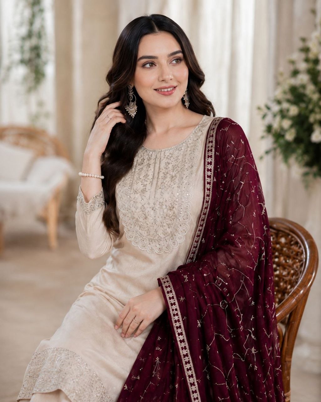 Women's Ivory Embroidered Straight Kurta Set with Wine Embellished Net Dupatta