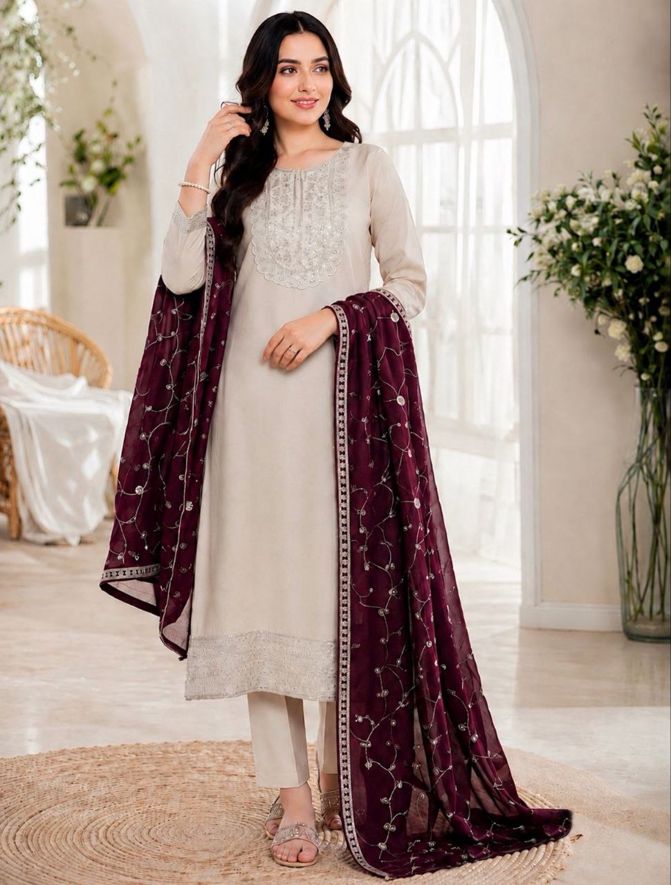 Women's Ivory Embroidered Straight Kurta Set with Wine Embellished Net Dupatta
