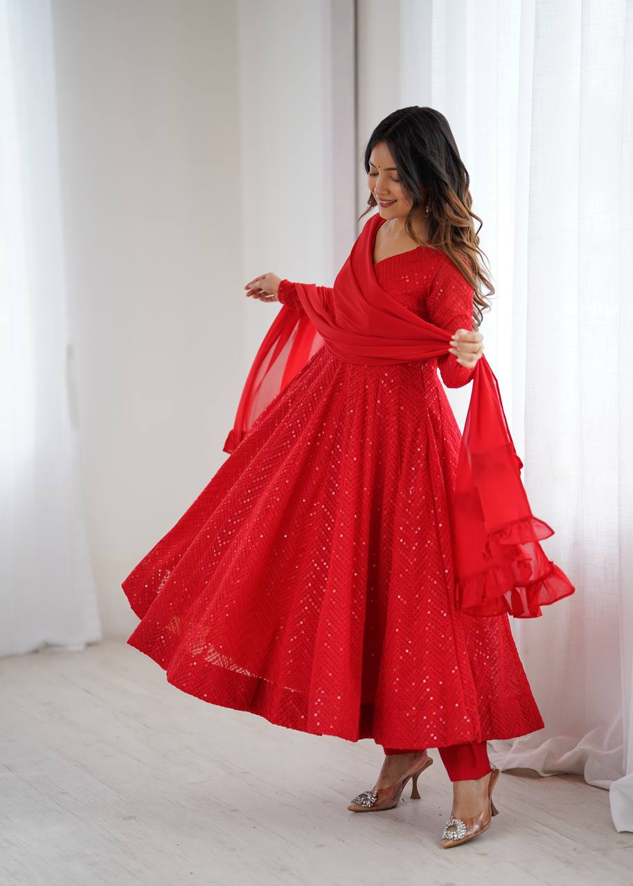 Ruby Red Chevron Sequin Anarkali with Ruffled Dupatta
