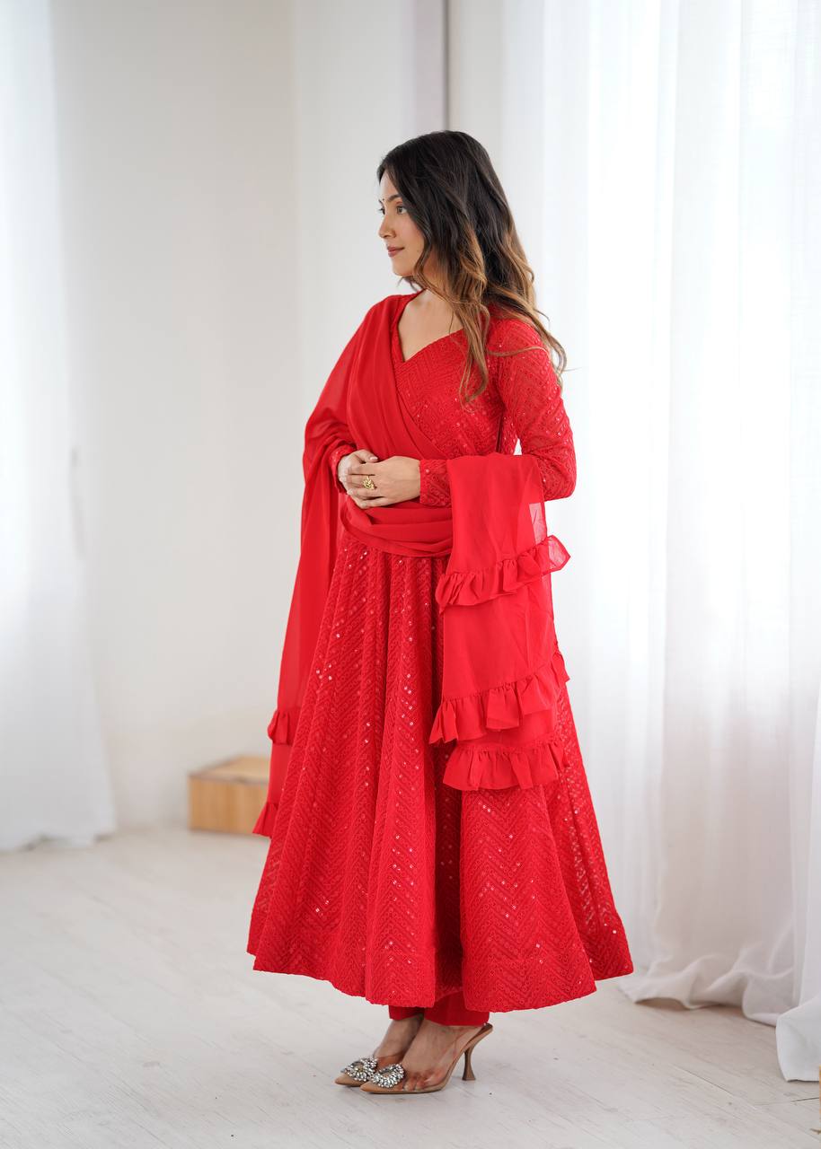 Ruby Red Chevron Sequin Anarkali with Ruffled Dupatta