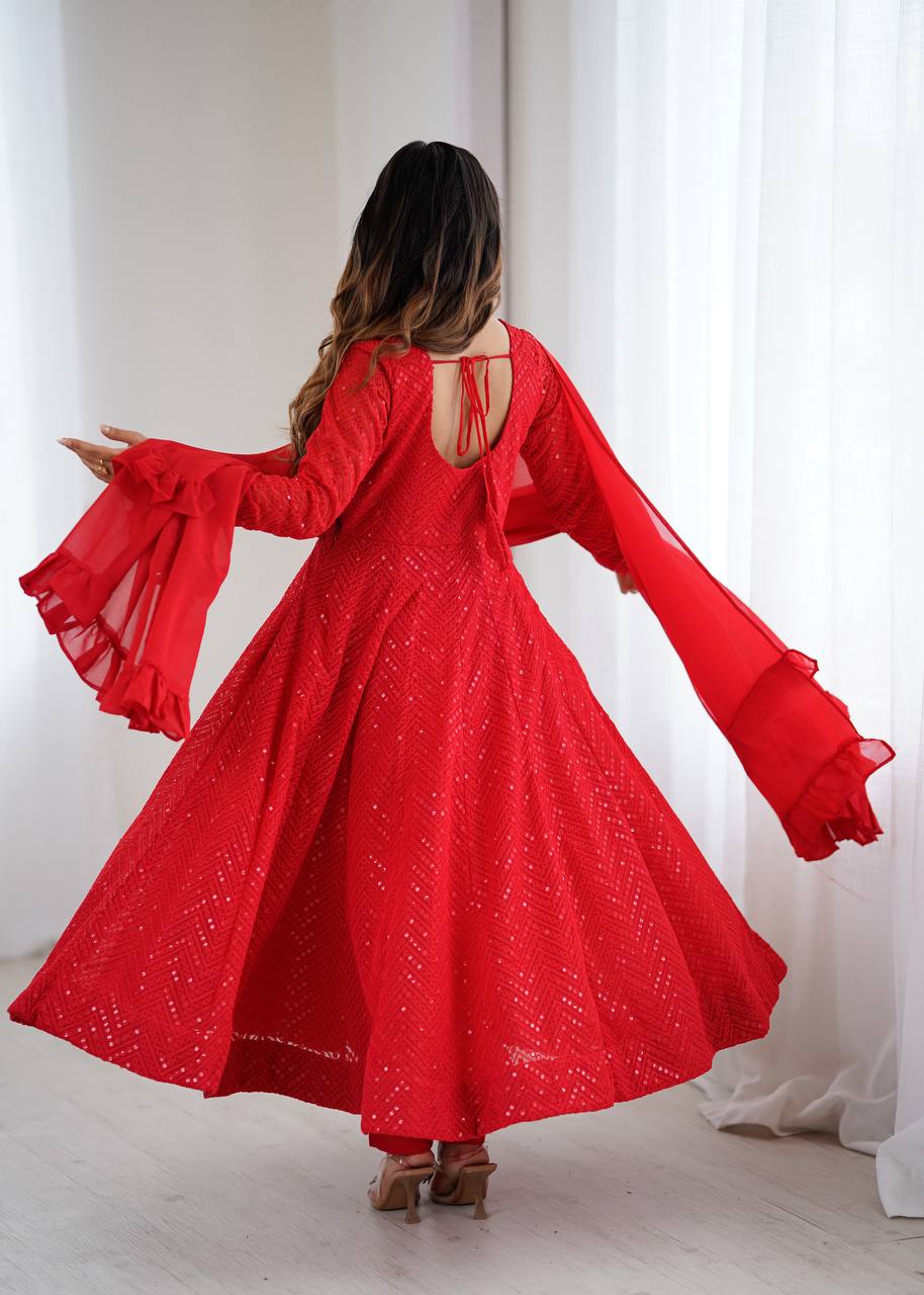 Ruby Red Chevron Sequin Anarkali with Ruffled Dupatta