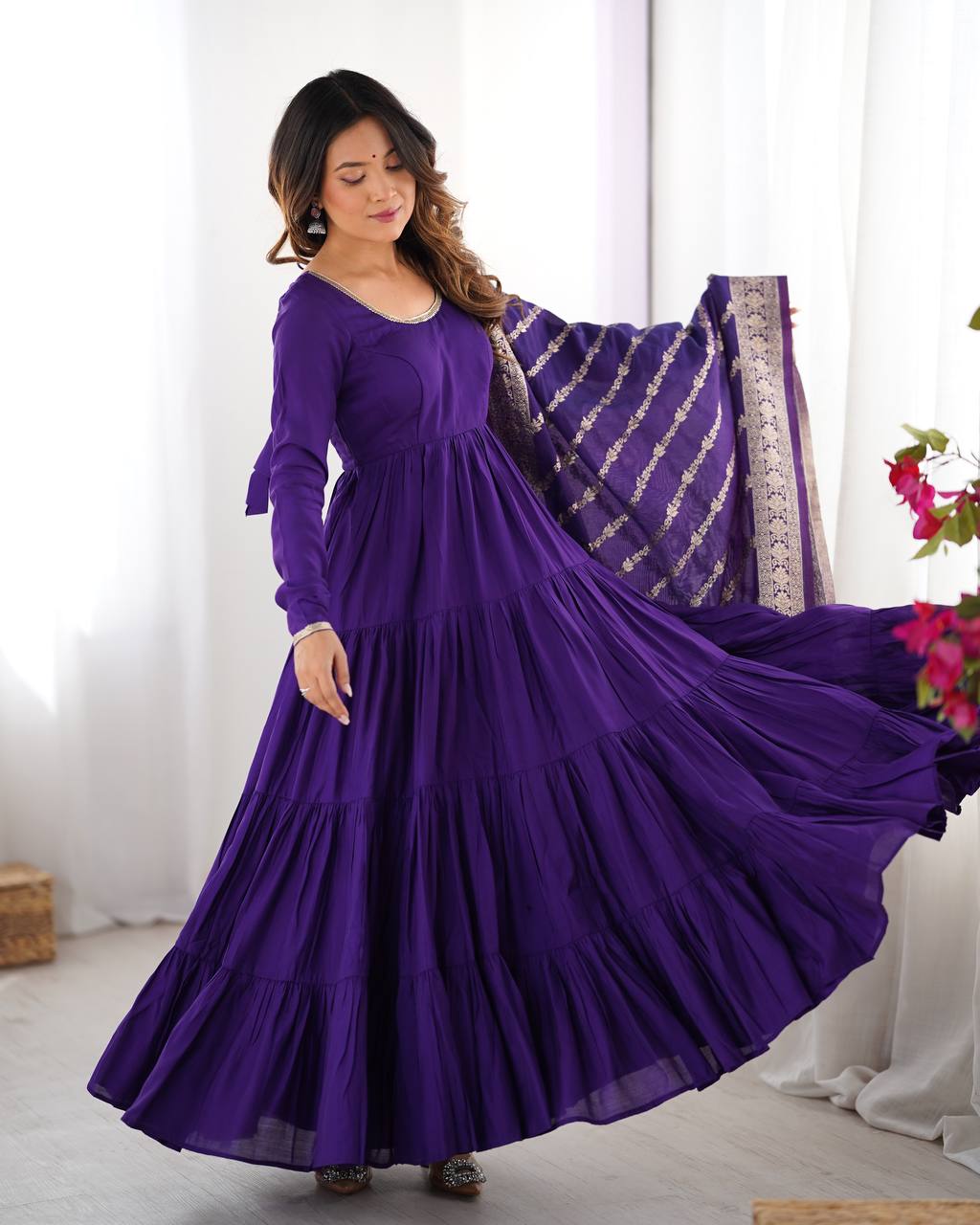 Dark Purple Silk Gown With Jacquard Banarasi Dupatta Dark Purple Silk Gown With Jacquard Banarasi Dupatta