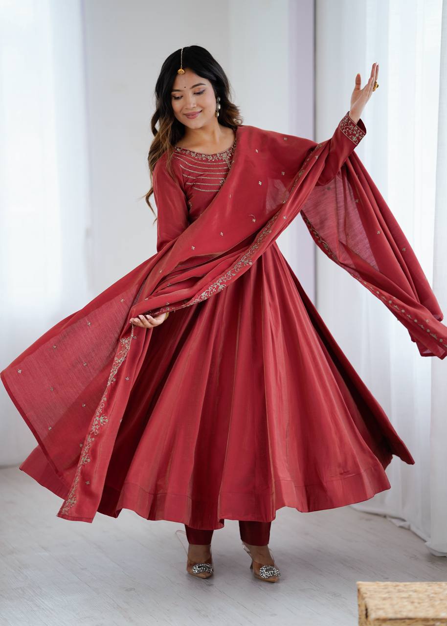 Rust Red Silk Blend Embroidered Anarkali Suit Set with Dupatta
