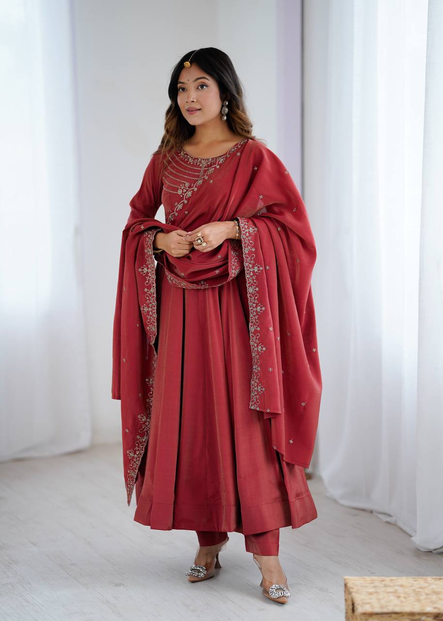 Rust Red Silk Blend Embroidered Anarkali Suit Set with Dupatta
