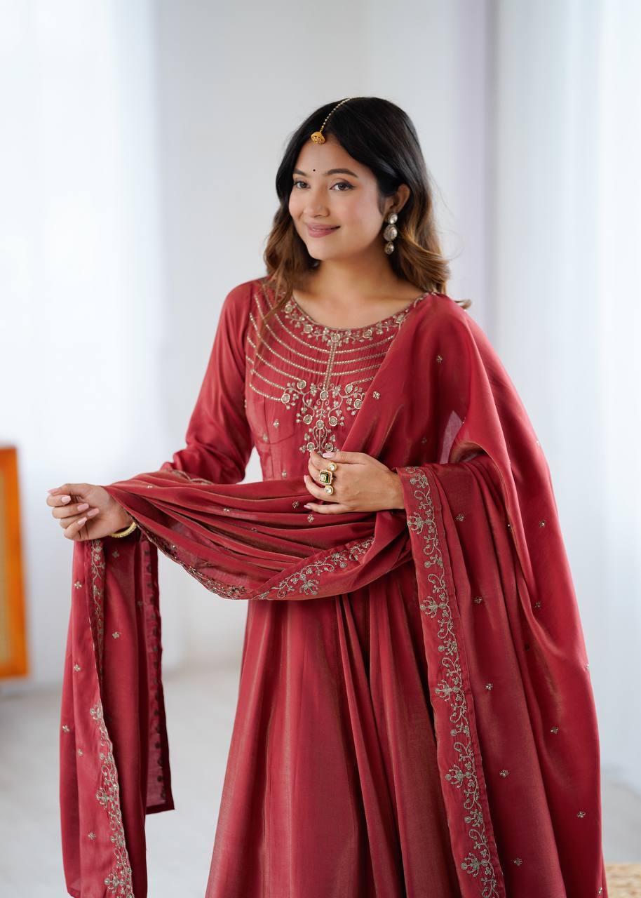 Rust Red Silk Blend Embroidered Anarkali Suit Set with Dupatta
