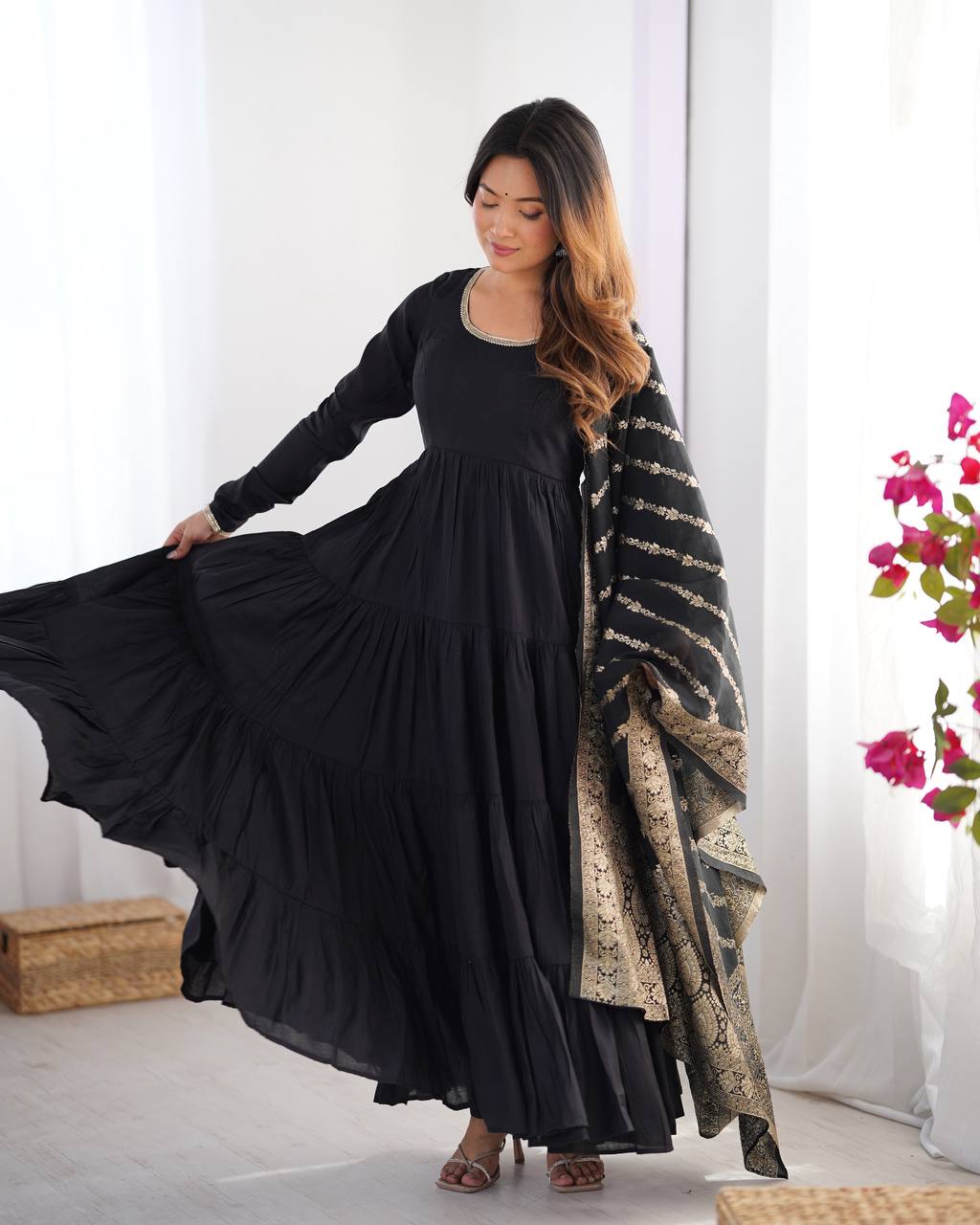Black Silk Gown With Jacquard Banarasi Dupatta