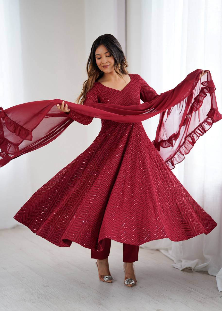 Crimson Chevron Sequin-Embroidered Georgette Anarkali Suit Set