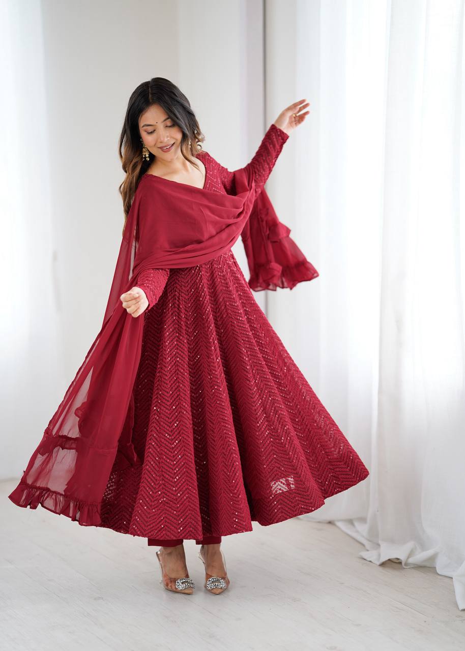 Crimson Chevron Sequin-Embroidered Georgette Anarkali Suit Set