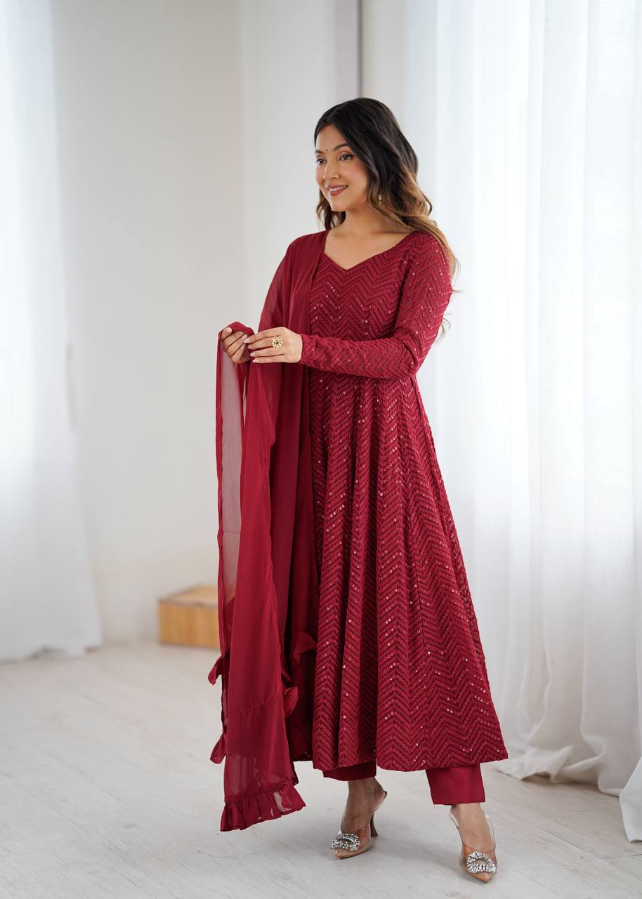 Crimson Chevron Sequin-Embroidered Georgette Anarkali Suit Set