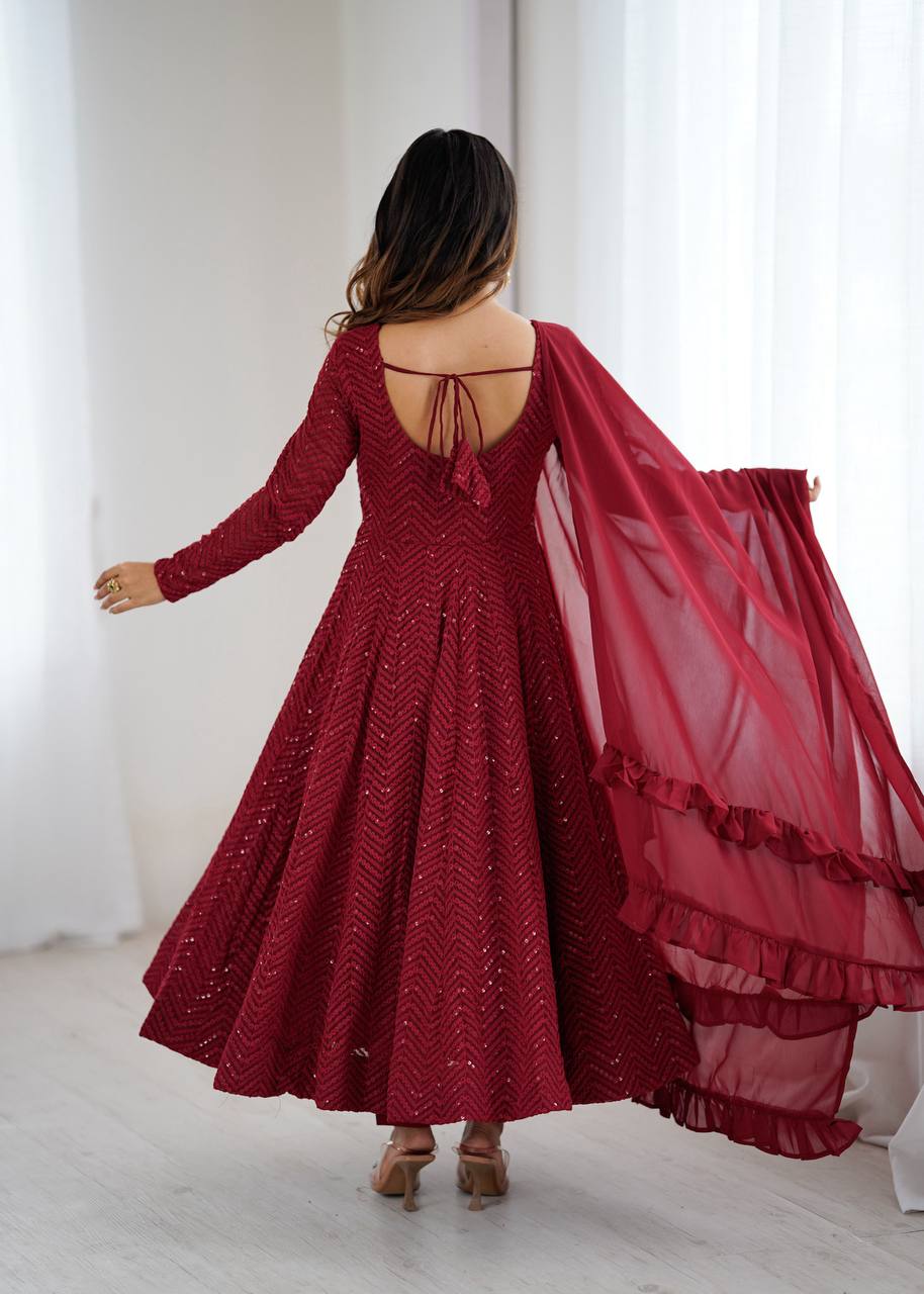 Crimson Chevron Sequin-Embroidered Georgette Anarkali Suit Set
