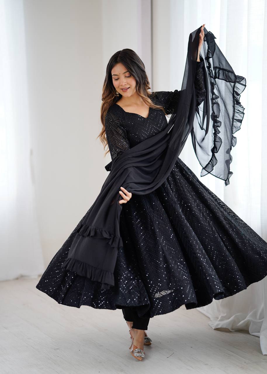 Black Sequined Anarkali Suit Set with Dupatta – Elegant Party & Festive Wear