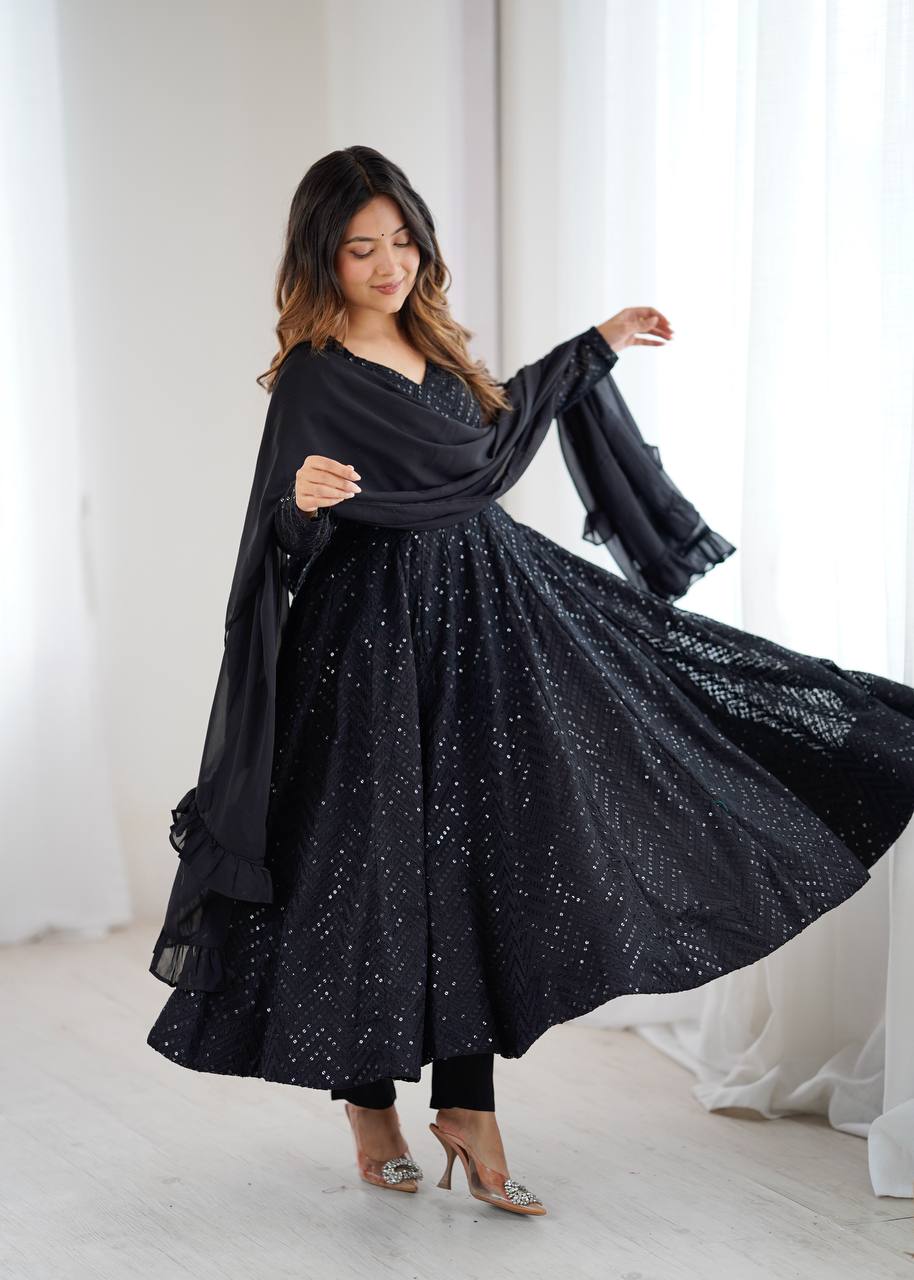 Black Sequined Anarkali Suit Set with Dupatta – Elegant Party & Festive Wear