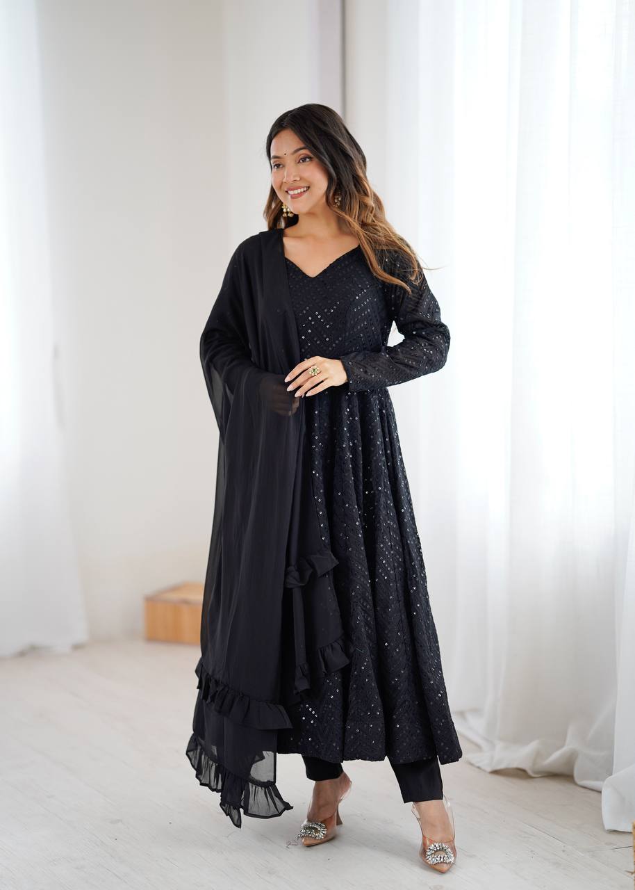 Black Sequined Anarkali Suit Set with Dupatta – Elegant Party & Festive Wear