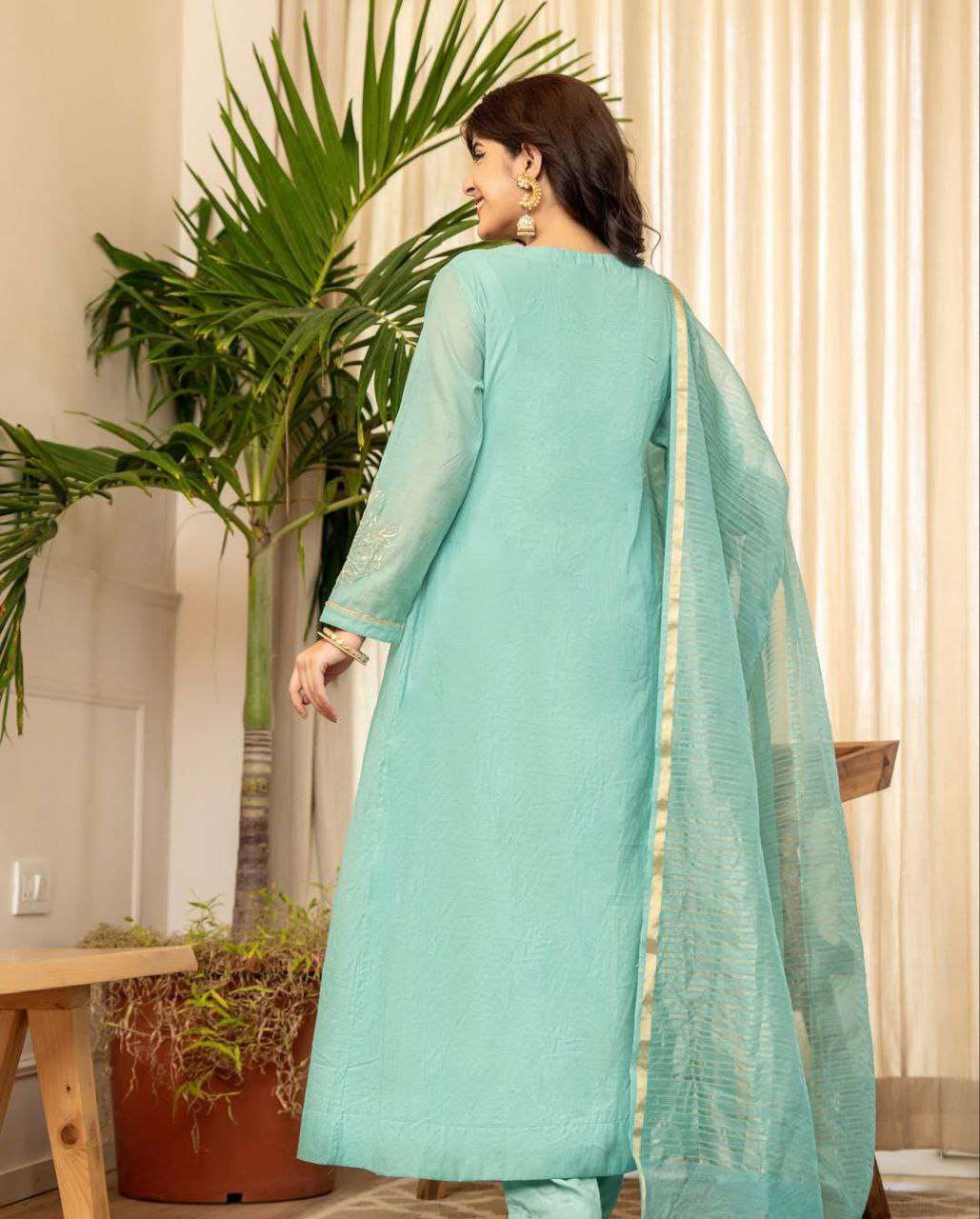 Elegant Aqua Blue Embroidered Cotton Silk Kurta Set with Dupatta