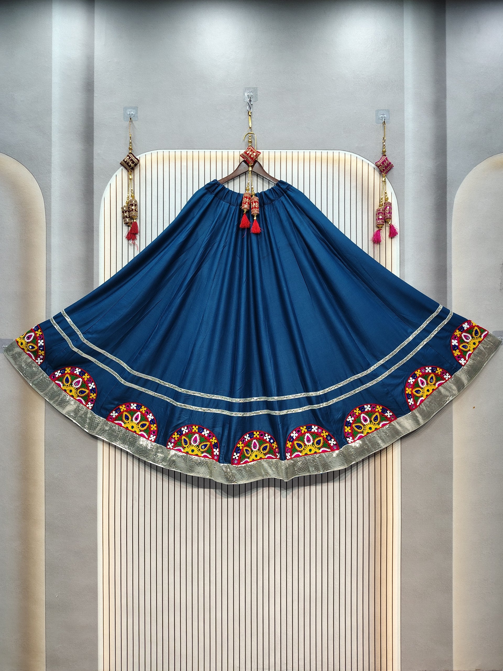 Navy Blue Embroidered Flared Skirt