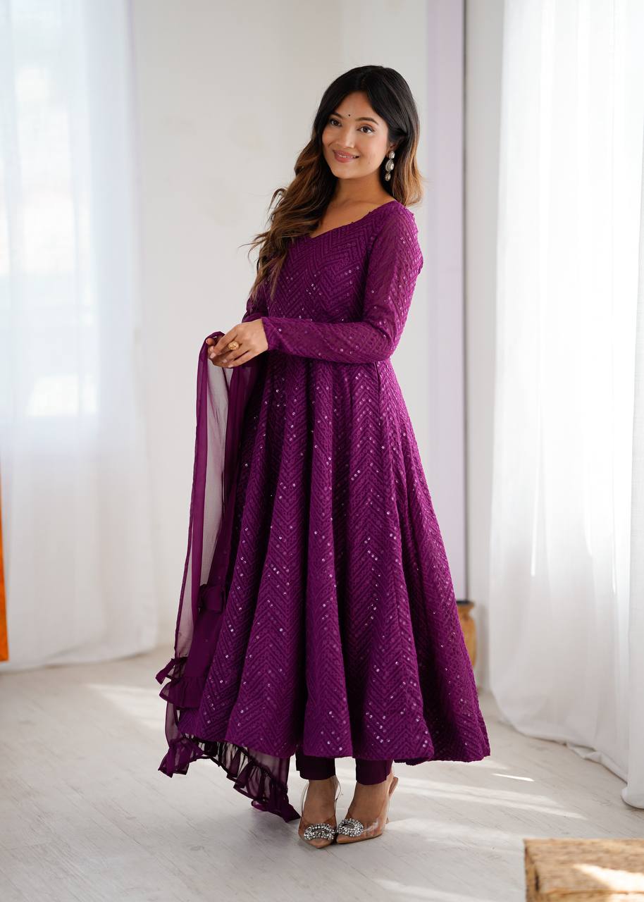 Plum Purple Sequined Georgette Anarkali Suit Set with Dupatta