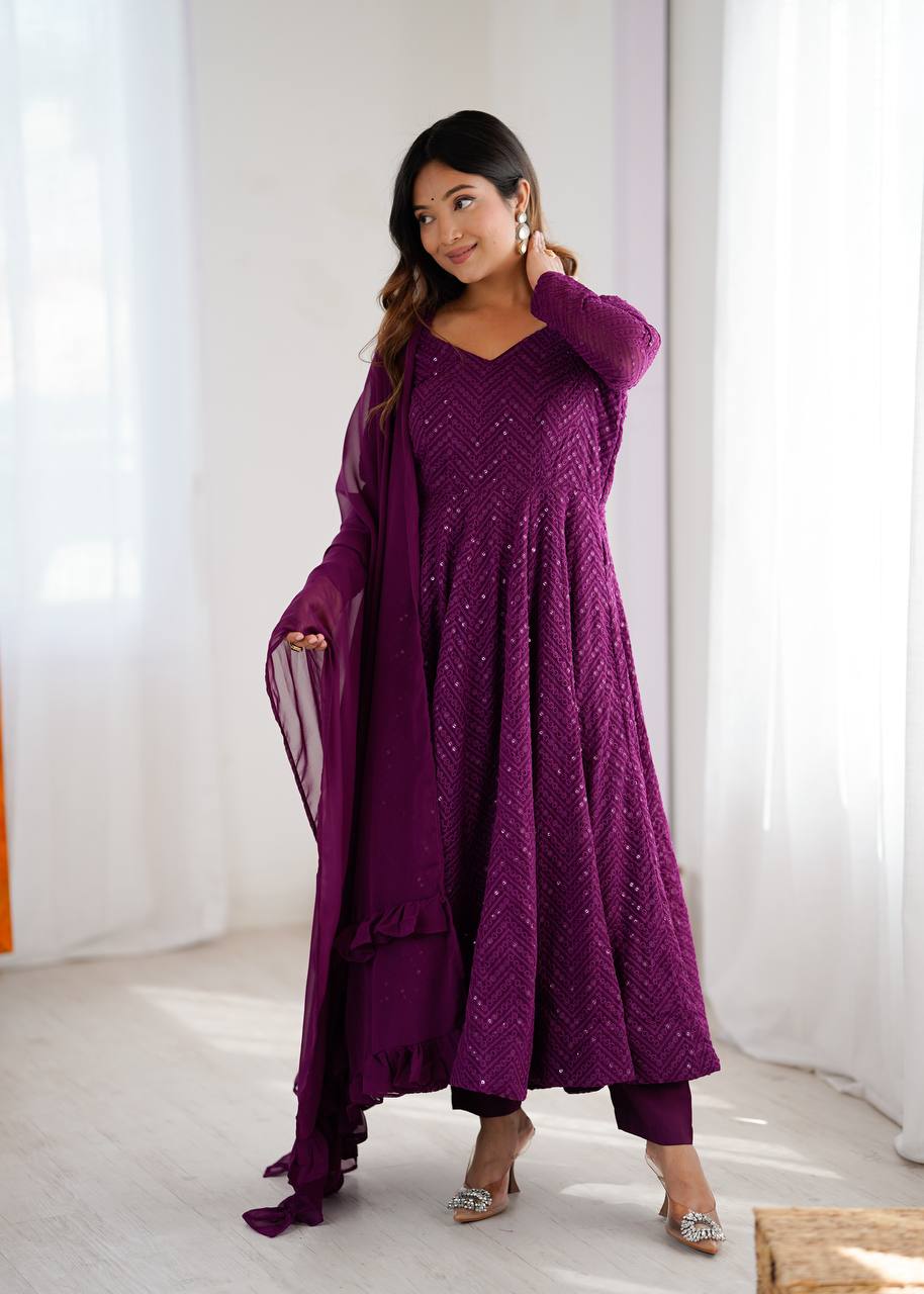 Plum Purple Sequined Georgette Anarkali Suit Set with Dupatta