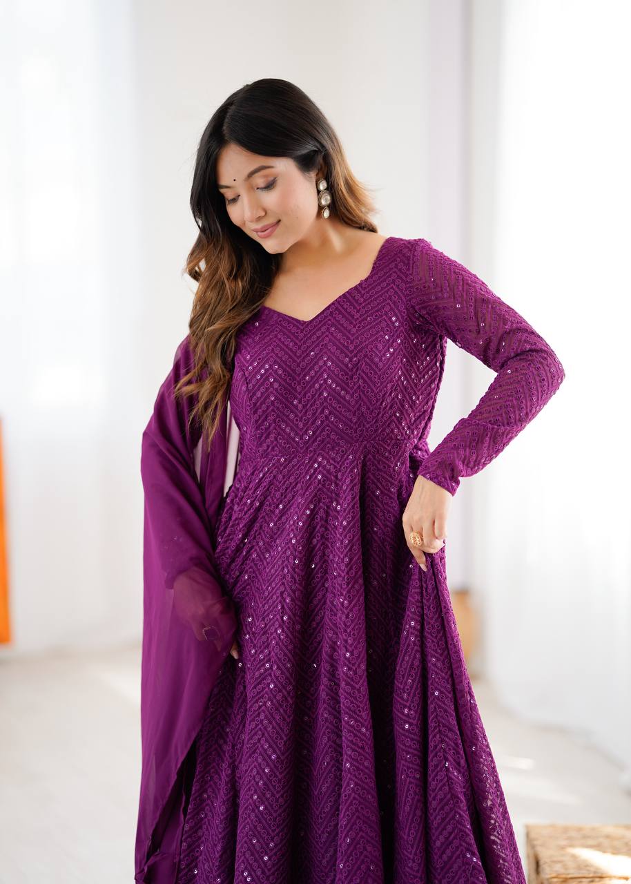 Plum Purple Sequined Georgette Anarkali Suit Set with Dupatta
